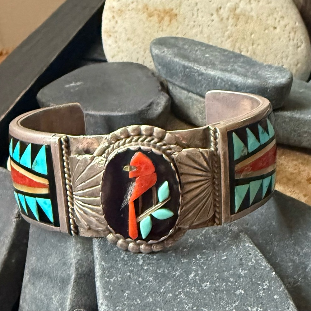 Vintage Zuni Inlay Turquoise/Coral Sterling Silver Cardinal Cuff